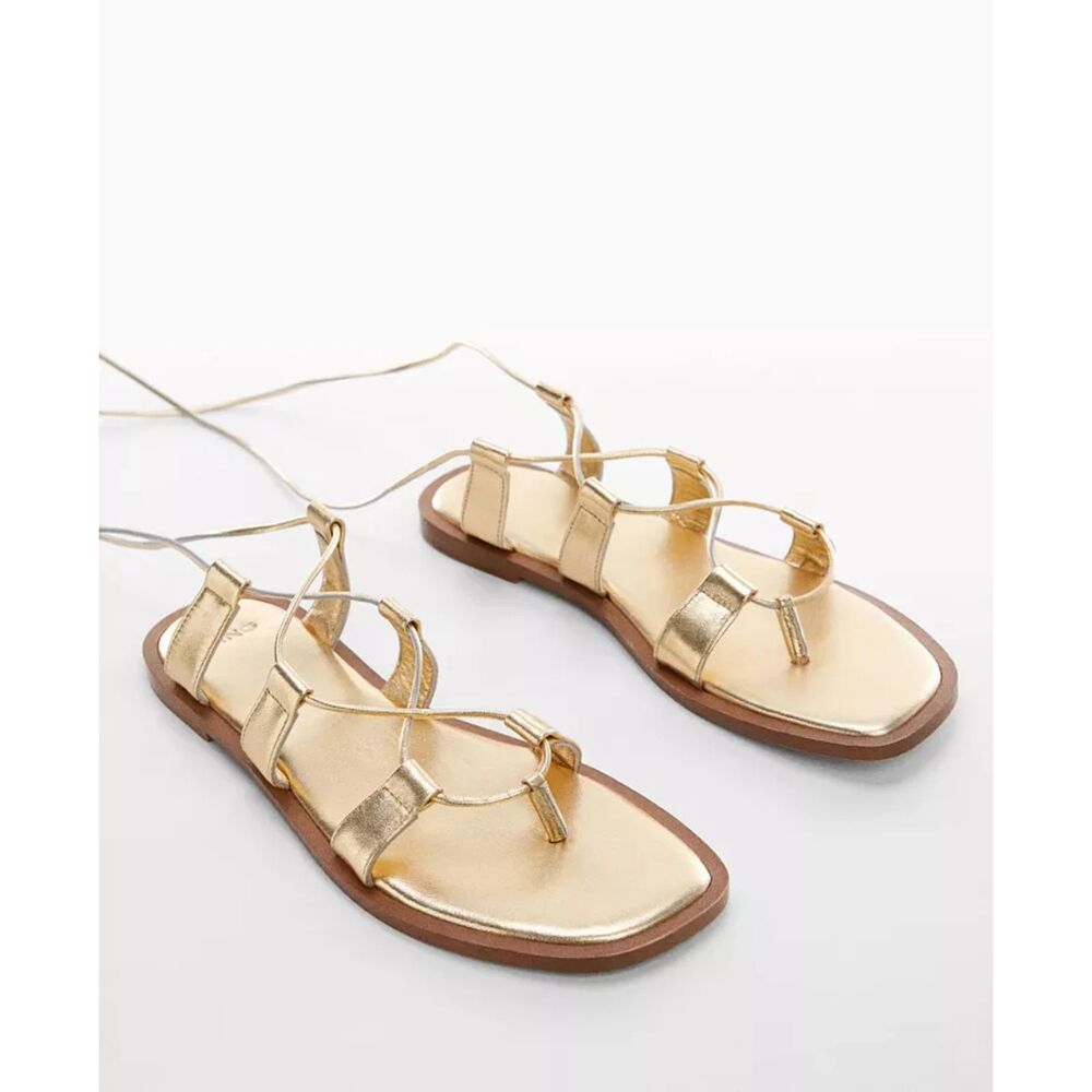 MANGO Gold Metallic Straps Flat Genuine Leather Sandals Women's Size 8.5